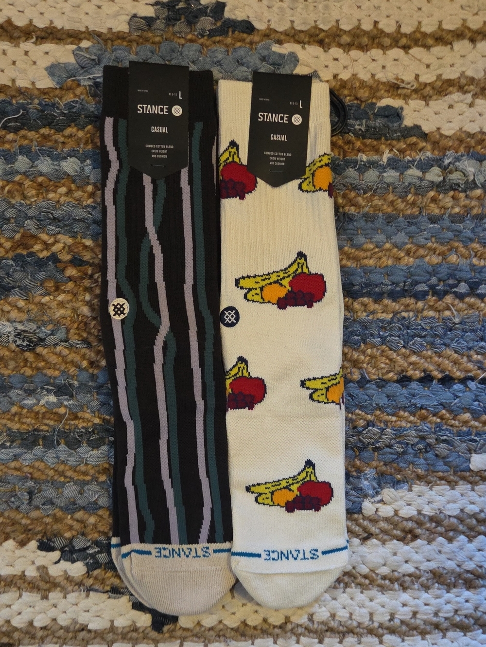 Stance Men’s Casual Crew Socks – Black Striped & Cream Fruit Design